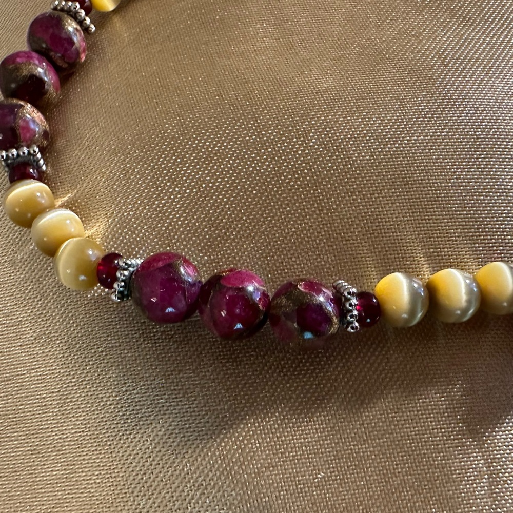 Handcrafted Elegant Tiger Eye and Burgundy Beads Necklace and Earrings